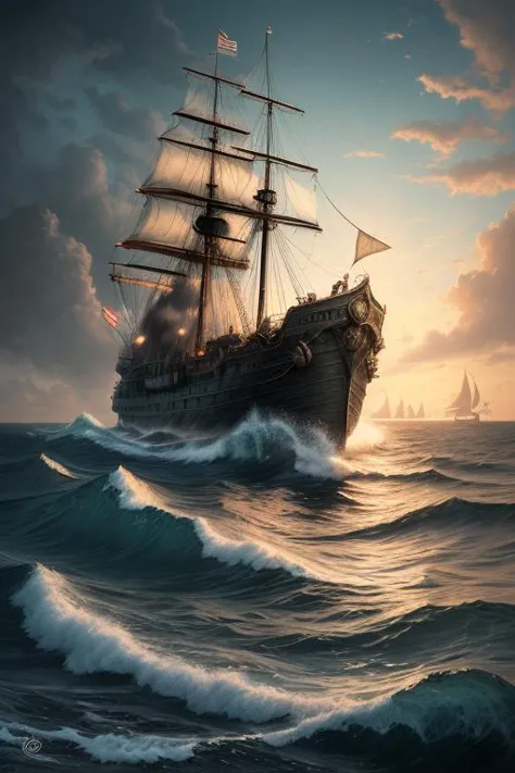 a painting of a ship sailing in the ocean at sunset