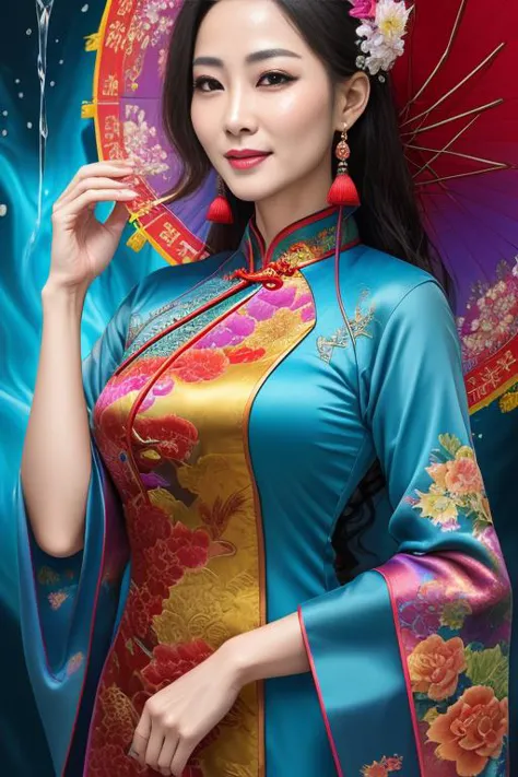 style-colour-magic, RAW-Foto (Meisterwerk), (((Meisterwerk))), (((beste Qualität))), ((ultra-detailliert)), Ein Porträt einer Frau, die einen flüssigen Cheongsam trägt, (Charakterfokus)  extrem detailliert, höchste Detailliertheit,