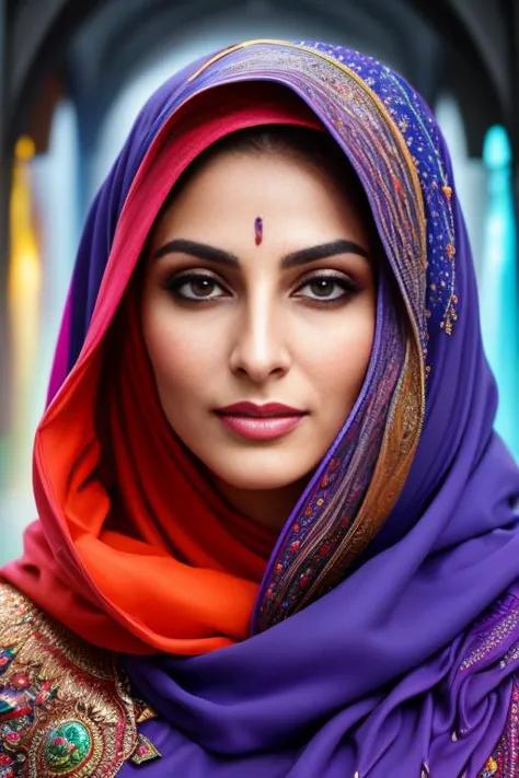 style-colour-magic, raw photo (masterpiece), (((masterpiece))), (((best quality))), ((ultra-detailed)), a portrait of a persian woman wearing a liquid hijab, (character focus)  extreme detailed, highest detailed,