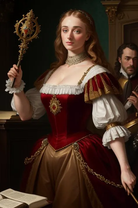 a painting of a woman in a red dress holding a wand