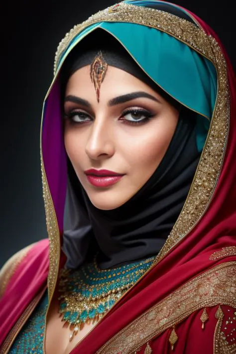 style-colour-magic, raw photo (masterpiece), (((masterpiece))), (((best quality))), ((ultra-detailed)), a portrait of a persian woman wearing a liquid niqab, (character focus)  extreme detailed, highest detailed,