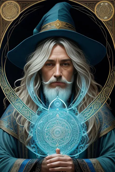 mesmerizing line-art portrait of a wizard (wizard:1.3), engrossed in spellcasting, intricate lines, captivating flow, magical au...