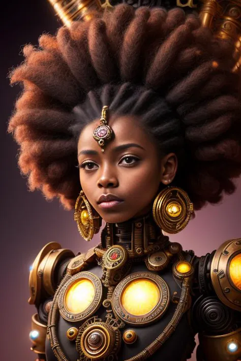 in the style of Style-Afro-Steampunk, award winning  robot girl automaton  hybrid human and machine, wire dreadlock hair, regal, temple guardian ,
backlighting, bloom, light sparkles, chromatic aberration, sharp focus,