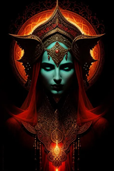 Enigmatic depiction of a djinn (djinn:1.3), mystical and alluring, from ancient tales, powerful presence, ethereal form, magic in the air, by H.R. Giger-inspired artist, surreal colors, intricate details, evoking the essence of the supernatural, trending on ArtStation, living mystical artistry.) by style-vienna, crimson  hues, intricate details, poetic composition, trending on ArtStation, living artistic essence,  <lora:epi_noiseoffset2:0.75>