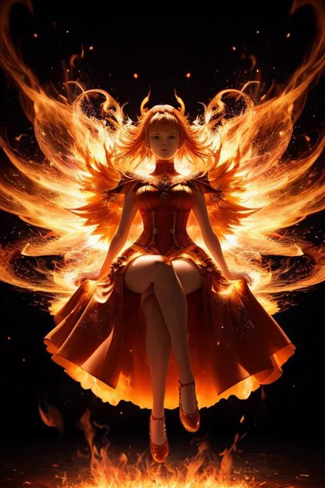 Step into a captivating scene featuring an anime girl seated on a floating platform, as vibrant fire particles ignite the air ar...