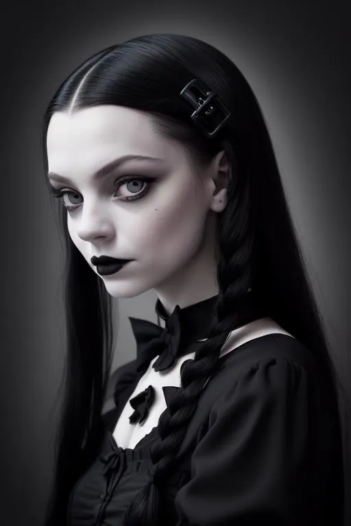 intriguing profile picture, (enigmatic:1.2) Wednesday Addams captivating the camera for a dating site, (dark:1.1) aura, (mischie...