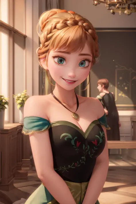 (masterpiece:1.4), (best qualit:1.4), (high resolution:1.4), 
anna of arendelle, bare shoulder, black bodice, green skirt, neckl...