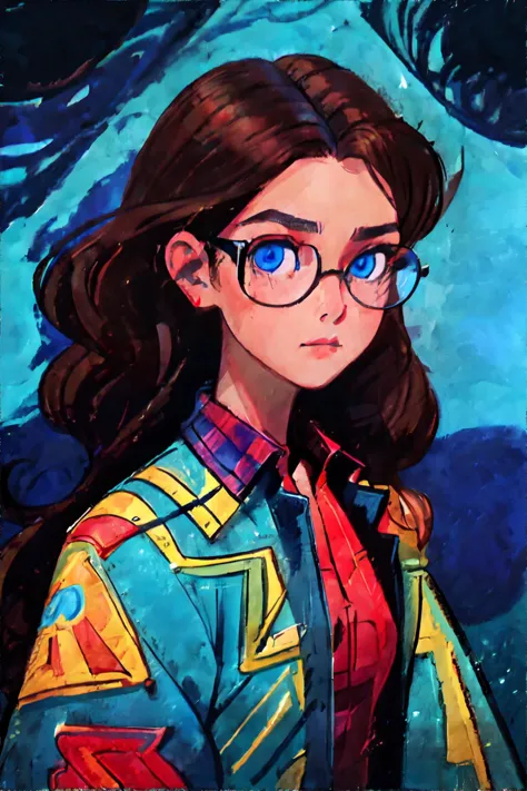 <lora:crayonpainting:1.0> painting, traditional media, woman with curly brown hair, blue eyes, wearing glasses and flannel shirt...