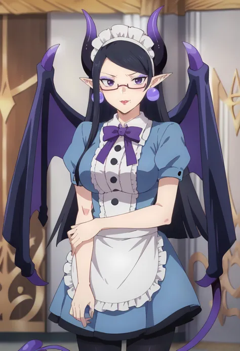 Phufun, 1girl, pointy ears, demon girl, jewelry, earrings, black hair, long hair, demon horns, glasses,solo , mole under mouth , demon wings demon tail,lipstick, eyeshadow, large breasts, purple eyes,   <lora:cafe_terrace_maid:0.7> cafemaid, pantyhose , cowboy shot <lora:Phufun:0.9>, score_9, score_7_up,anime coloring ,source_anime, anime