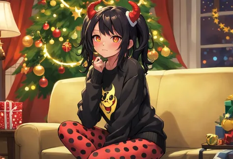 in living room sitting next to christmas tree,  a red devil  girl with black horns, (glowing yellow eyes:1), black hair , well l...