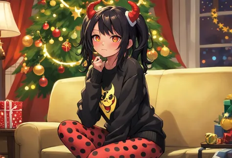 in living room sitting next to christmas tree,  a red devil  girl with black horns, (glowing yellow eyes:1), black hair , well lit , very skinny, wearing a (over sized christmas print  sweater, and polka dot leggings:1.3)  ,red skin