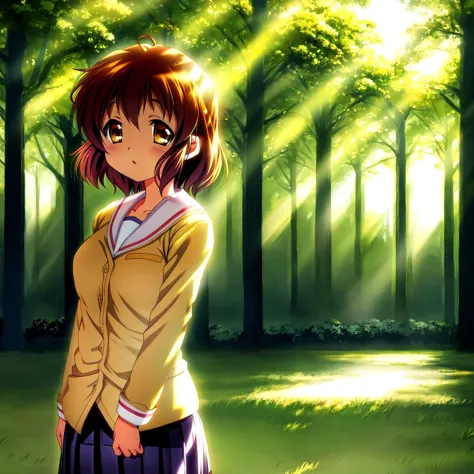 anime girl in a yellow jacket standing in a forest