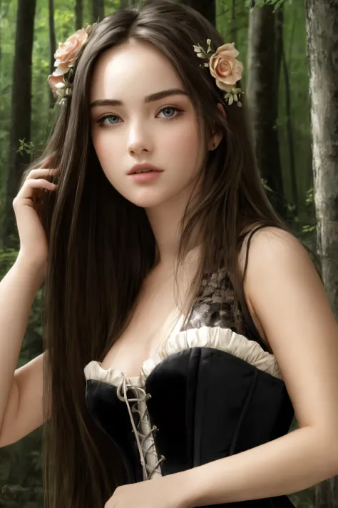 best quality, masterpiece, (photorealistic:1.4), Close up, 1 girl, upper body, Black Dress, Corset, long hair, flowers around, forest background, sweet girl, IDOL,  -- Face Details:1.7 -- <lora:PurrSimona-01:1>