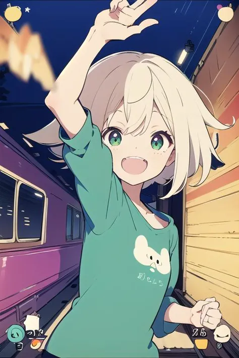 anime girl waving in front of a train at night