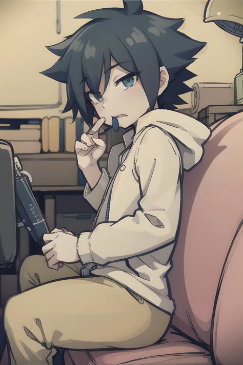 anime boy sitting on a couch with a cell phone in his hand