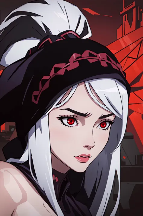 (masterpiece, best quality),  intricate details, 8k, artstation, wallpaper, official art, splash art, sharp focus,
1girl,    ShalltearV4, white hair, red eyes, fangs, vampire, 
 