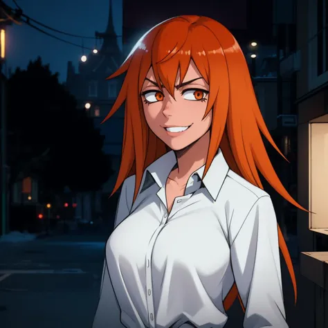 Best_QualityPos, RAW photo, intricate details, best quality, 8k uhd, soft lighting, 1girl, solo, eft_nagatoro_orange, long hair, orange hair, orange eyes, white collared shirt, open clothes, evil smile   <lora:eft_nagatoro_orange:0.8> <lora:LowRA:0.6>