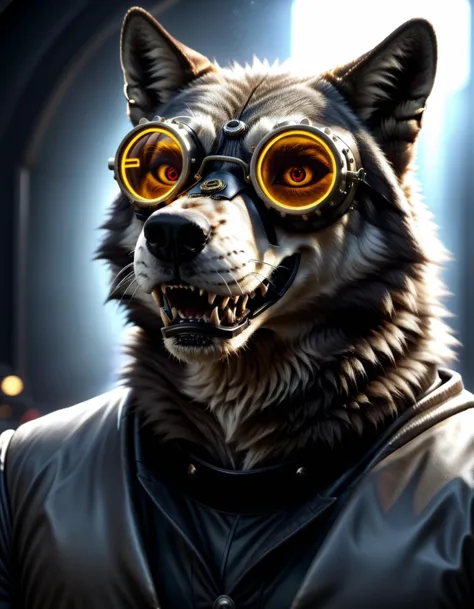 a close up of a dog wearing goggles and a leather jacket