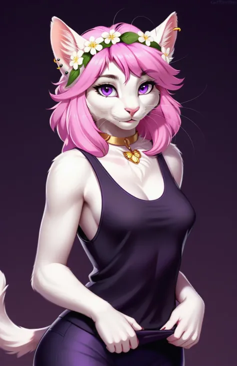 , mammal, anthro, hair, goat, female, plant, whiskers, purple eyes, flower, fur, clothing, feline, simple background, hair accessory, ambiguous gender, piercing, looking at viewer, felid, clothed, pink nose, ear piercing, flower in hair, lepidopteran, floral, accessory, felis, domestic cat, white body, solo, butterfly, pink hair, flower crown