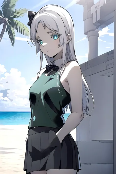 anime girl in a short skirt standing on a beach