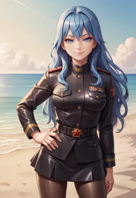 a woman in a military uniform standing on a beach