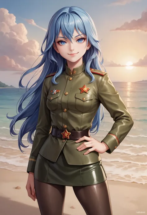 a woman in military uniform standing on the beach