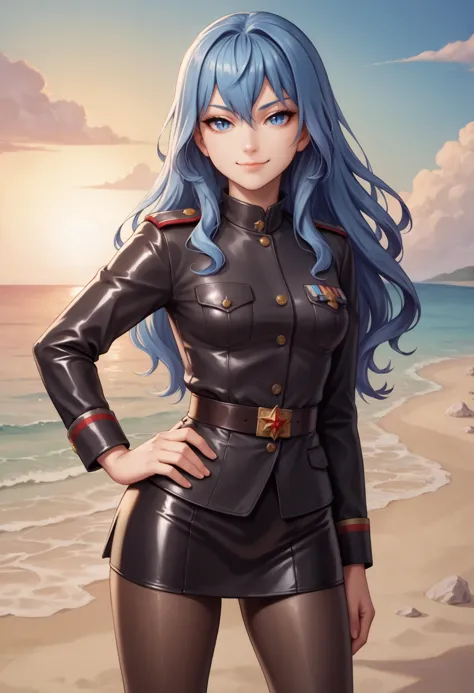 a woman in a black leather outfit standing on a beach