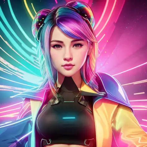 solo, 1girl, <lora:exocolonistpeople_:1>, (multicolored hair:1.36),(multicolored clothes:1.36), cyberpunk 2077, analog style, woman, (neon lights in the city background:1.1), glowing colors, looking at viewer, naughty smile, symmetric, centered, closeup, feminine, athletic, fit, high, tan skin, european, minidress, excited, smile, glowsticks, disco, gold outline, [(colorful explosion psychedelic paint colors:1.1)::0.125], iridescent, chromatic aberration, studio lights, bright light, glowing skin, realistic body proportions, realistic, photo-realistic, 8k, highly detailed, led light, laser lights,fruit-flavored, (thepit bimbo:0.5), glossy, sexy, Selena Gomez