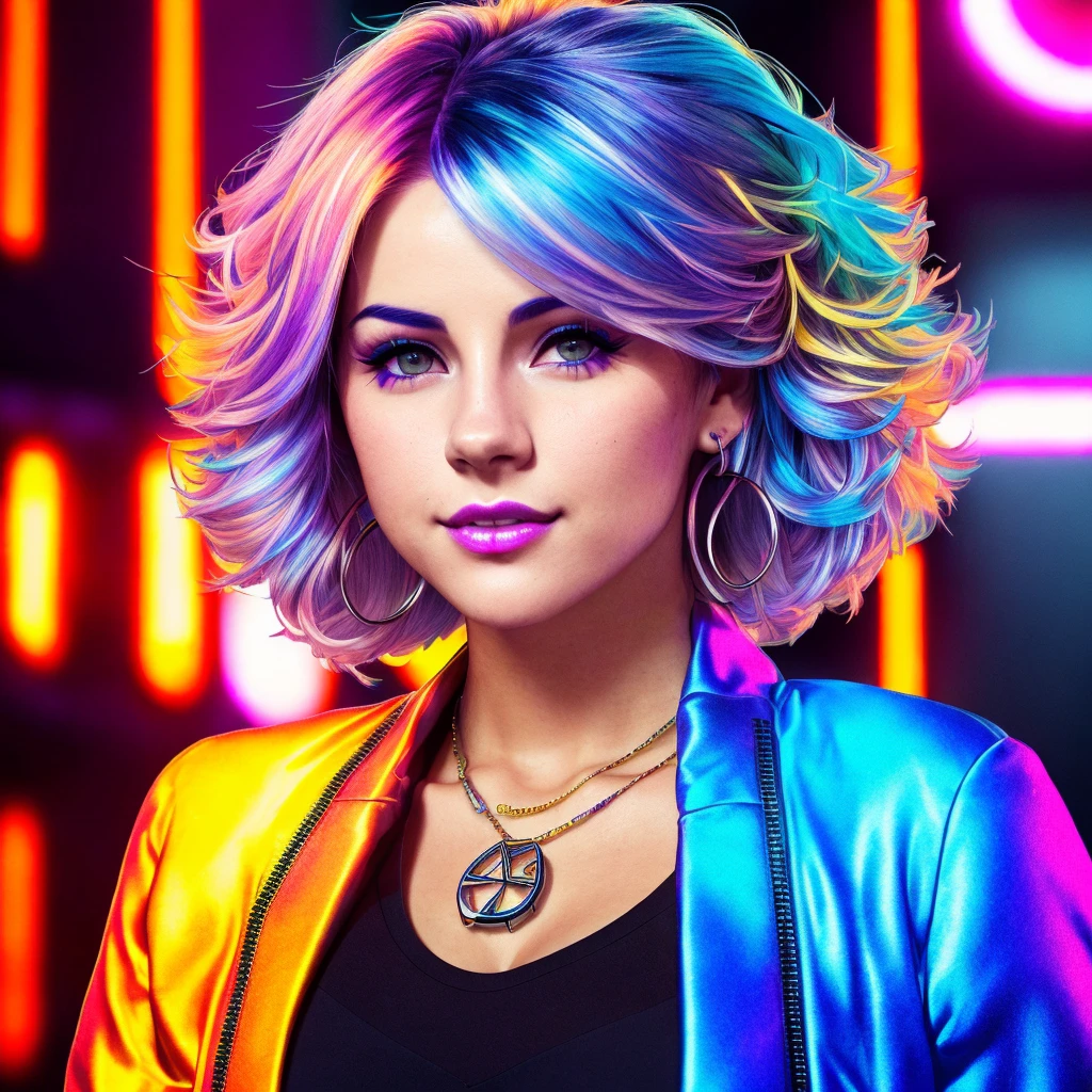 seulement, 1fille, (Cheveux multicolores:1.36), Cyberpunk 2077, style analogique, femme, (Néons dans le fond de la ville:1.1), couleurs éclatantes, regarder le spectateur, naughty sourire, symétrique, centré, fermer, féminin, athlétique, ajuster, haut, bronzage de la peau, européen, mini robe, Excité, sourire, bâtons lumineux, disco, contour doré, [(couleurs de peinture psychédélique explosion colorée:1.1)::0.125], iridescent, aberration chromatique, lumières de studio, lumière brillante, peau brillante, réaliste body proportions, réaliste, photo-réaliste, 8k, hautly detailed, lumière LED, lumières laser,aromatisé aux fruits, (la bimbo de la fosse:0.5), brillant, Sexy, Selena Gomez