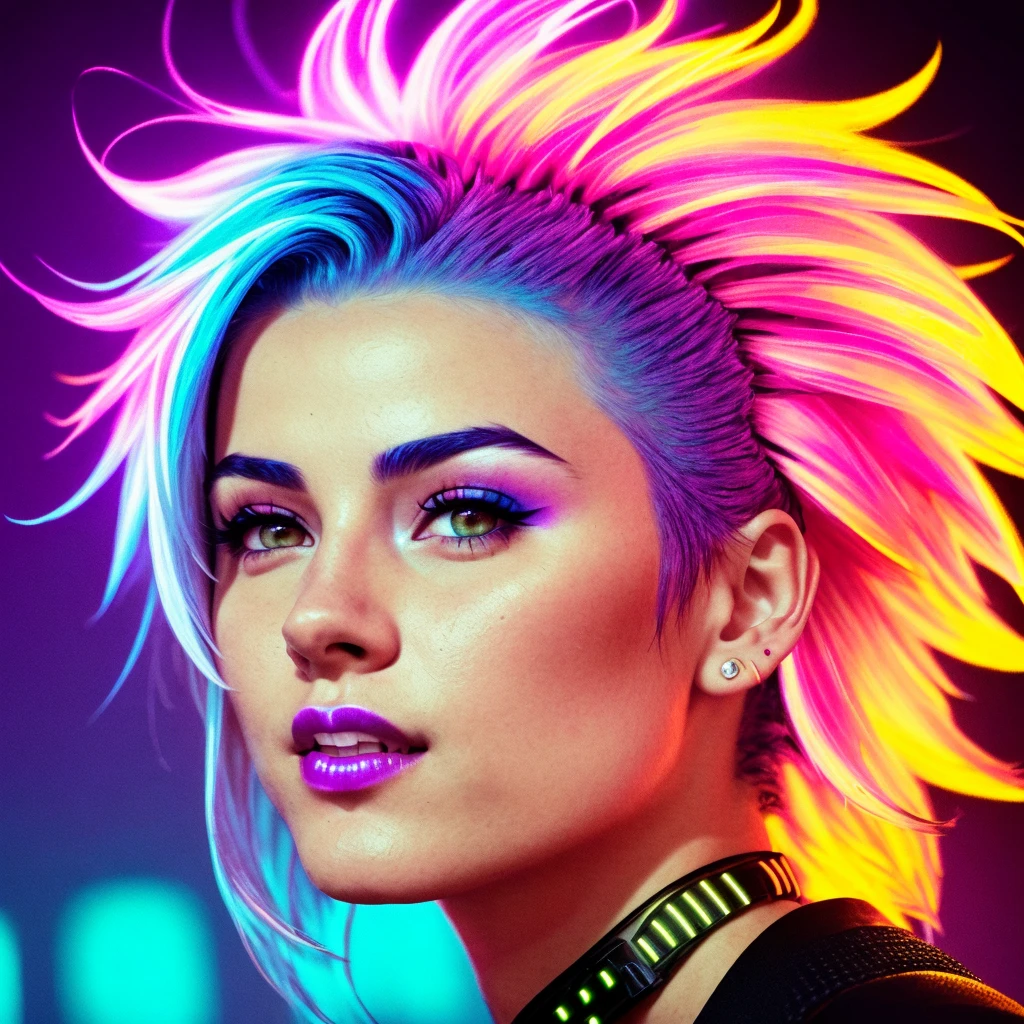 seulement, 1fille, (Cheveux multicolores:1.36), Cyberpunk 2077, style analogique, femme, (Néons dans le fond de la ville:1.1), couleurs éclatantes, regarder le spectateur, naughty sourire, symétrique, centré, fermer, féminin, athlétique, ajuster, haut, bronzage de la peau, européen, mini robe, Excité, sourire, bâtons lumineux, disco, contour doré, [(couleurs de peinture psychédélique explosion colorée:1.1)::0.125], iridescent, aberration chromatique, lumières de studio, lumière brillante, peau brillante, réaliste body proportions, réaliste, photo-réaliste, 8k, hautly detailed, lumière LED, lumières laser,aromatisé aux fruits, (la bimbo de la fosse:0.5), brillant, Sexy, Selena Gomez