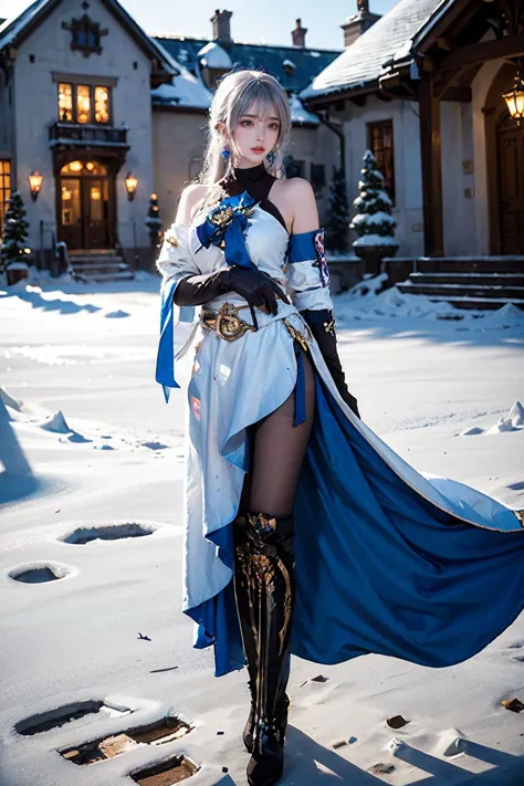 best quality, masterpiece, realistic, (photorealistic:1.4), 1girl, solo, full body, bronya cosplay costume, cosplay, black pantyhose, earrings, boots, elbow gloves, detailed background, snow, winter, outdoors, luxury decorations, castle, sunshine, <lora:bronya_cosplay_costume_v1:0.7>,