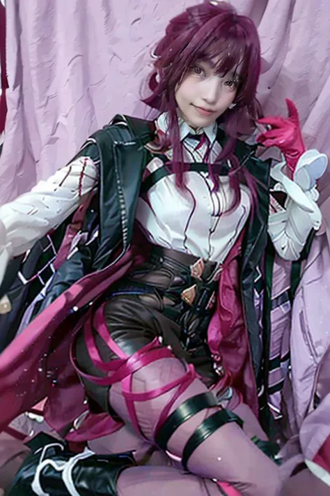 <lora:kafka_cosplay_costume:0.8> kafka cosplay costume, kafka, cosplay, red hair, eyewear on head, shirt, gloves, shorts, legwear under shorts, thigh strap, purple pantyhose, long sleeves, asymmetrical boots, asymmetrical legwear, high heel boots, high-waist shorts,  jacket, coat, bare shoulders, off-shoulder shirt, off shoulder