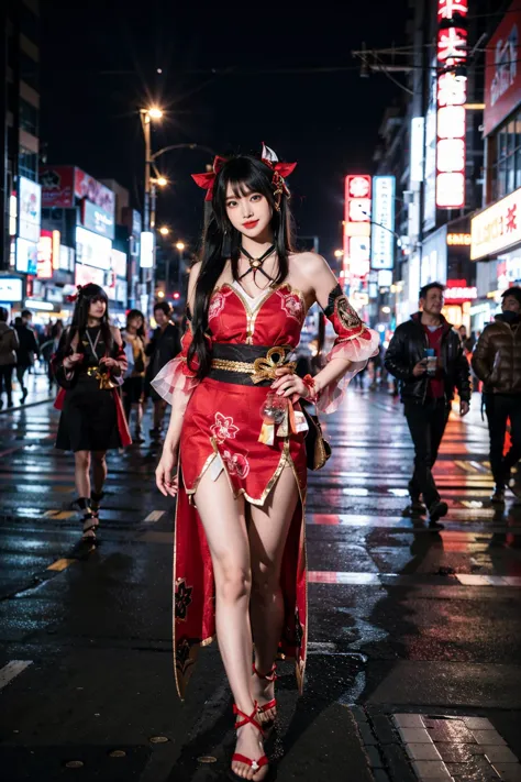 araffe dressed in a red dress and red shoes walking down a street