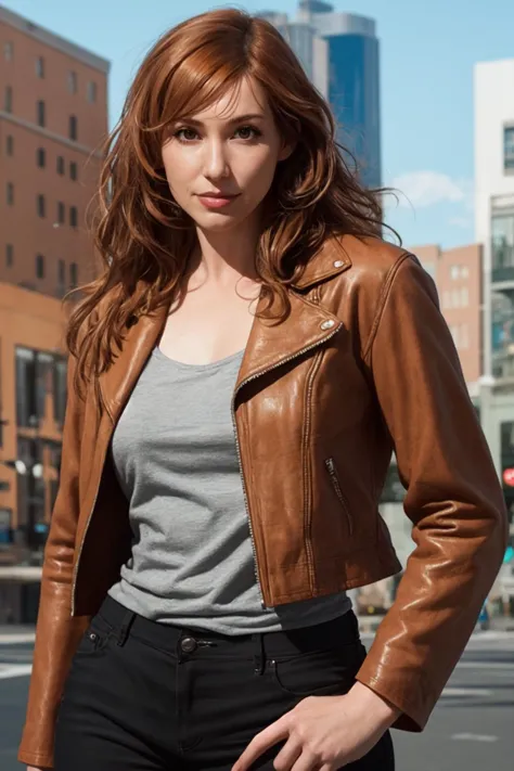 arafed woman in a brown leather jacket standing on a city street