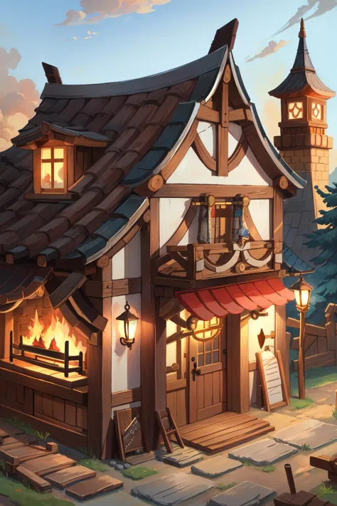 a cartoon style house with a clock tower and a fire place