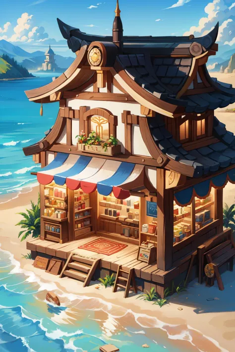 a small house on a beach with a clock on the roof