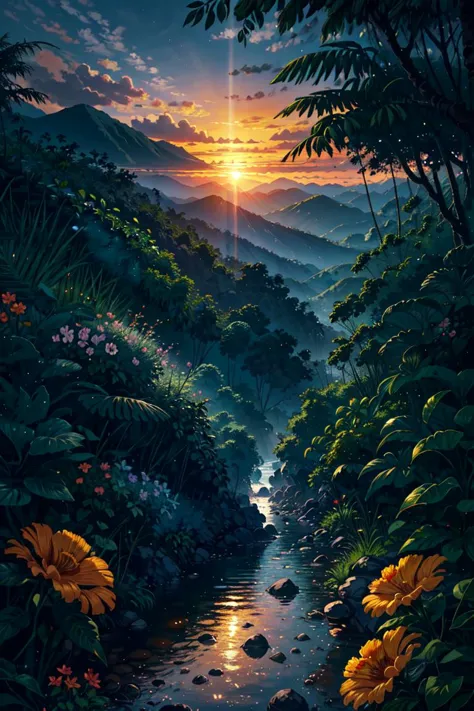 mountain valley, tropical forest, river, flowers, sunset, soft beams of light, soft shadows,