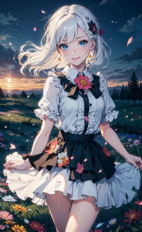 a girl in a dress and a bow is walking through a field of flowers