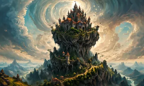 (masterpiece, best quality, ultra-detailed), a surrealistic spiral ab0m with multiple heads gathered around a castle on top of a...