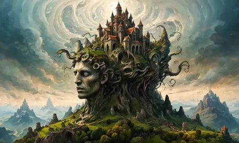 (masterpiece, best quality, ultra-detailed), a surrealistic spiral ab0m with multiple heads gathered around a castle on top of a mountain, ptm0, fenliexl, mixed media, surrealism, Faetastic