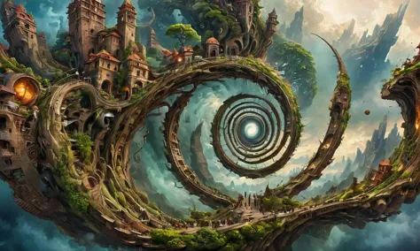 (masterpiece, best quality, ultra-detailed), a surrealistic spiral cityscape, ab0m, ptm0, fenliexl, mixed media, surrealism, fae...