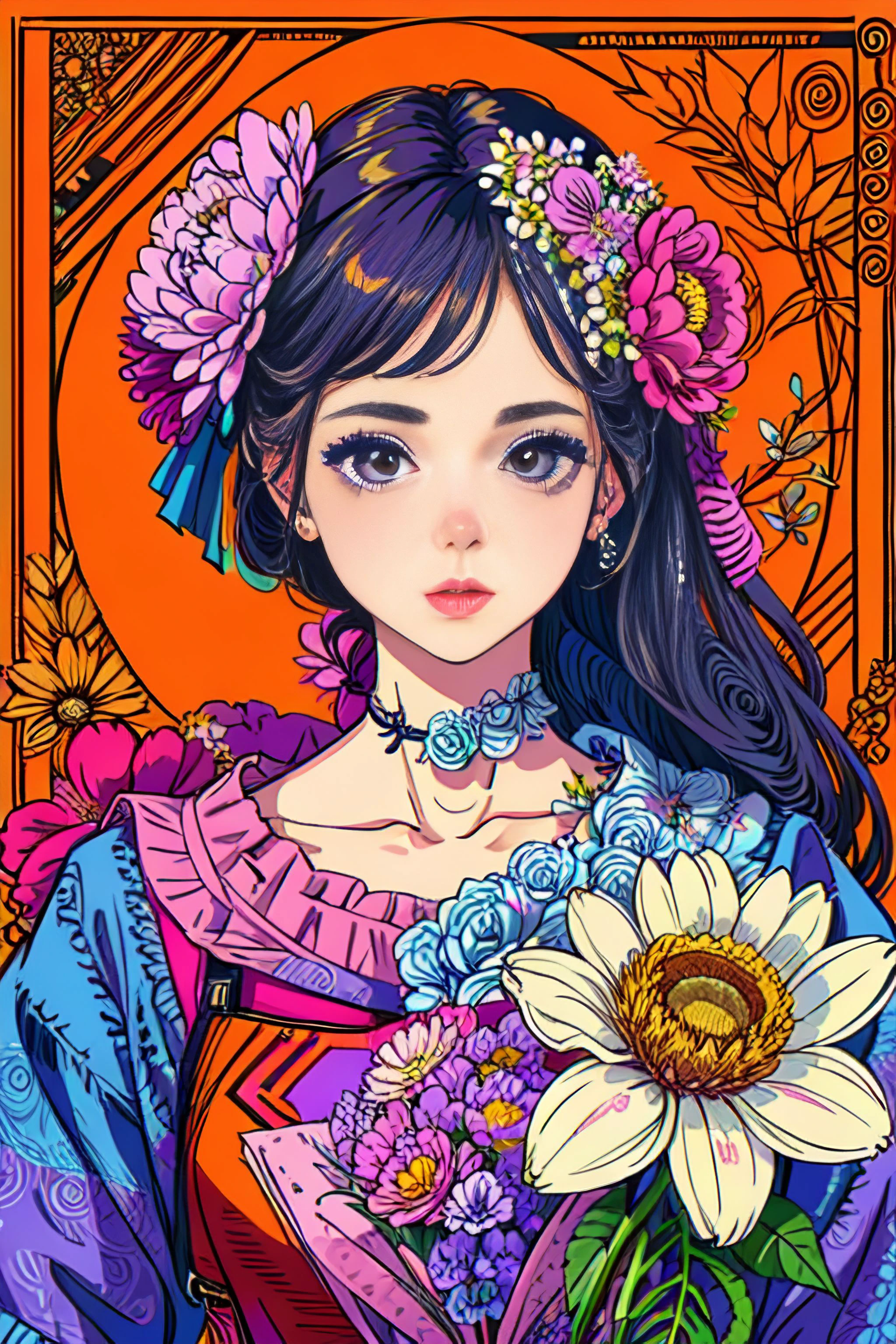 (ultra-detailed background, detailed background), absurdres, highres, ultra detailed, extremly detailed, 1girl, (bunch of flowers:1.3), (zentangle:1.2), (geometric:1.2),(colorful), 