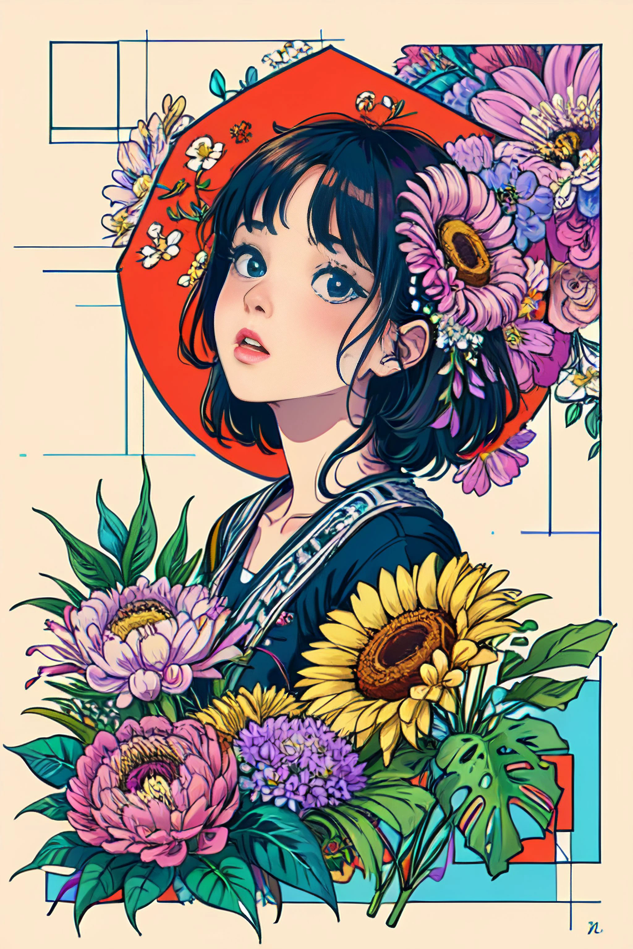 (ultra-detailed background, detailed background), absurdres, highres, ultra detailed, extremly detailed, 1girl, (bunch of flowers:1.3), (zentangle:1.2), (geometric:1.2),(colorful), 