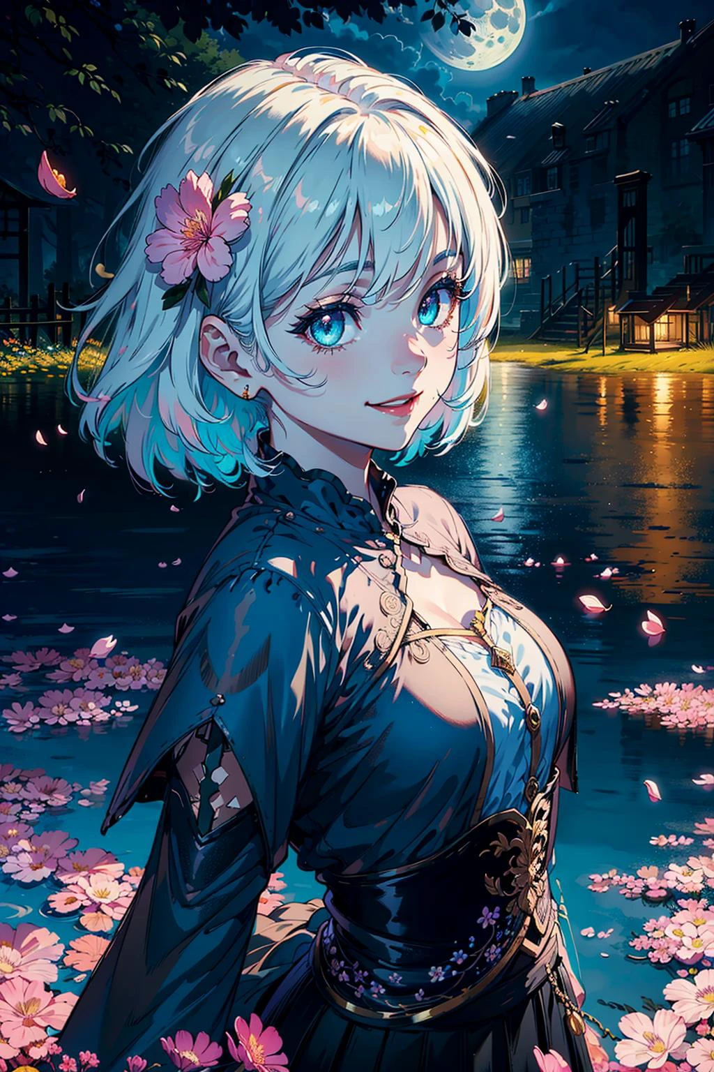 masterpiece, best quality,
1girl, (colorful),(finely detailed beautiful eyes and detailed face),cinematic lighting,bust shot,extremely detailed CG unity 8k wallpaper,white hair,solo,smile,intricate skirt,((flying petal)),(Flowery meadow)
sky, cloudy_sky, building, moonlight, moon, night, (dark theme:1.3), light, fantasy,