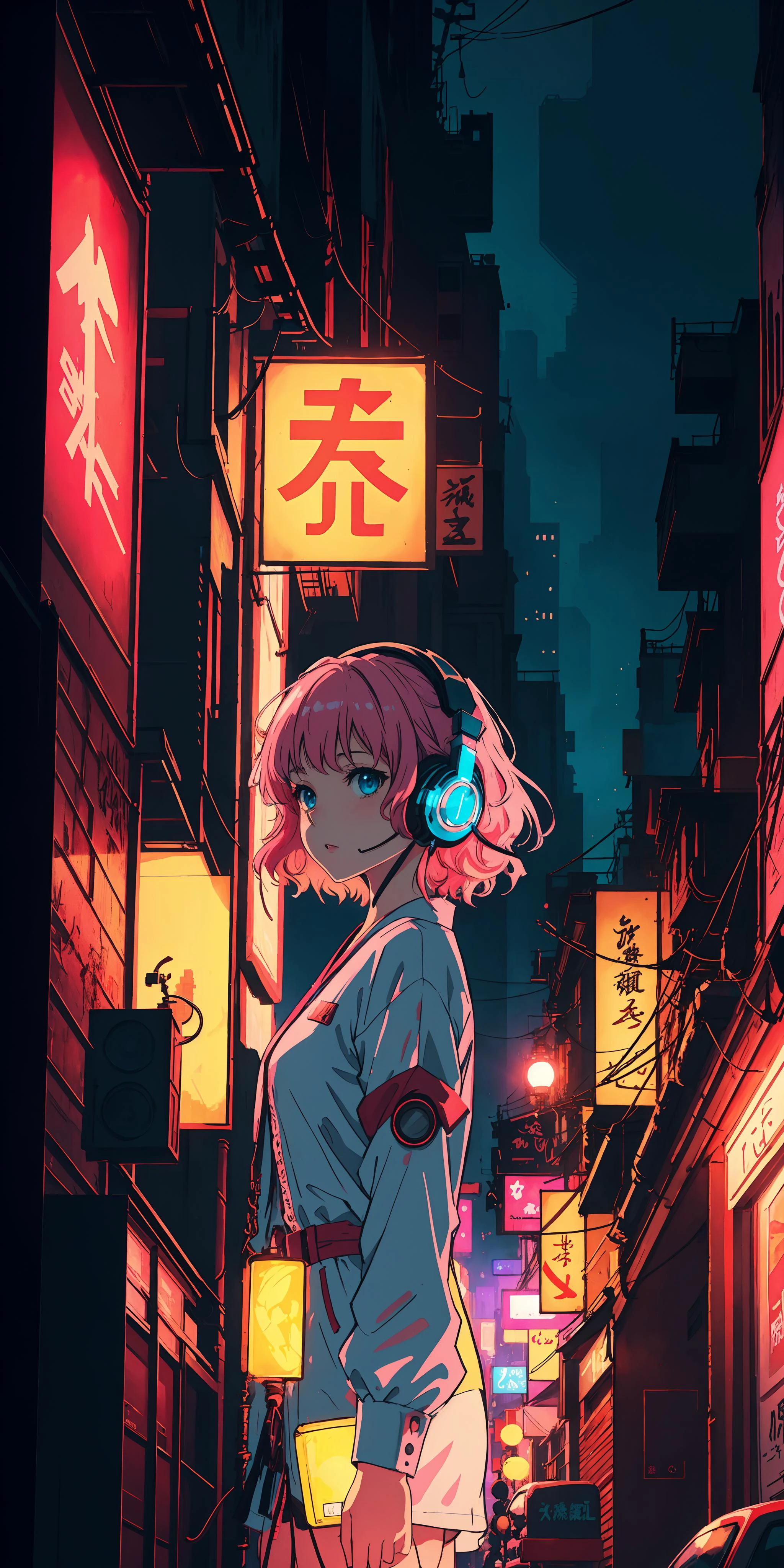 {masterpiece}, {best quality}, {{oil painting}} , {{wallpaper 8k CG}}, {realistic}, Concept Art, {{cyberpunk}}, vary blue and red and orange and pink hard light, intricate light, portrait of a robotic girl with pink hair and headphones in a city at night with neon lights and buildings in the background, in the Sci-fi City at night, white and intricate clothes, dynamic hair, haircut, dynamic fuzziness, beautiful and aesthetic, intricate light, manga and anime,