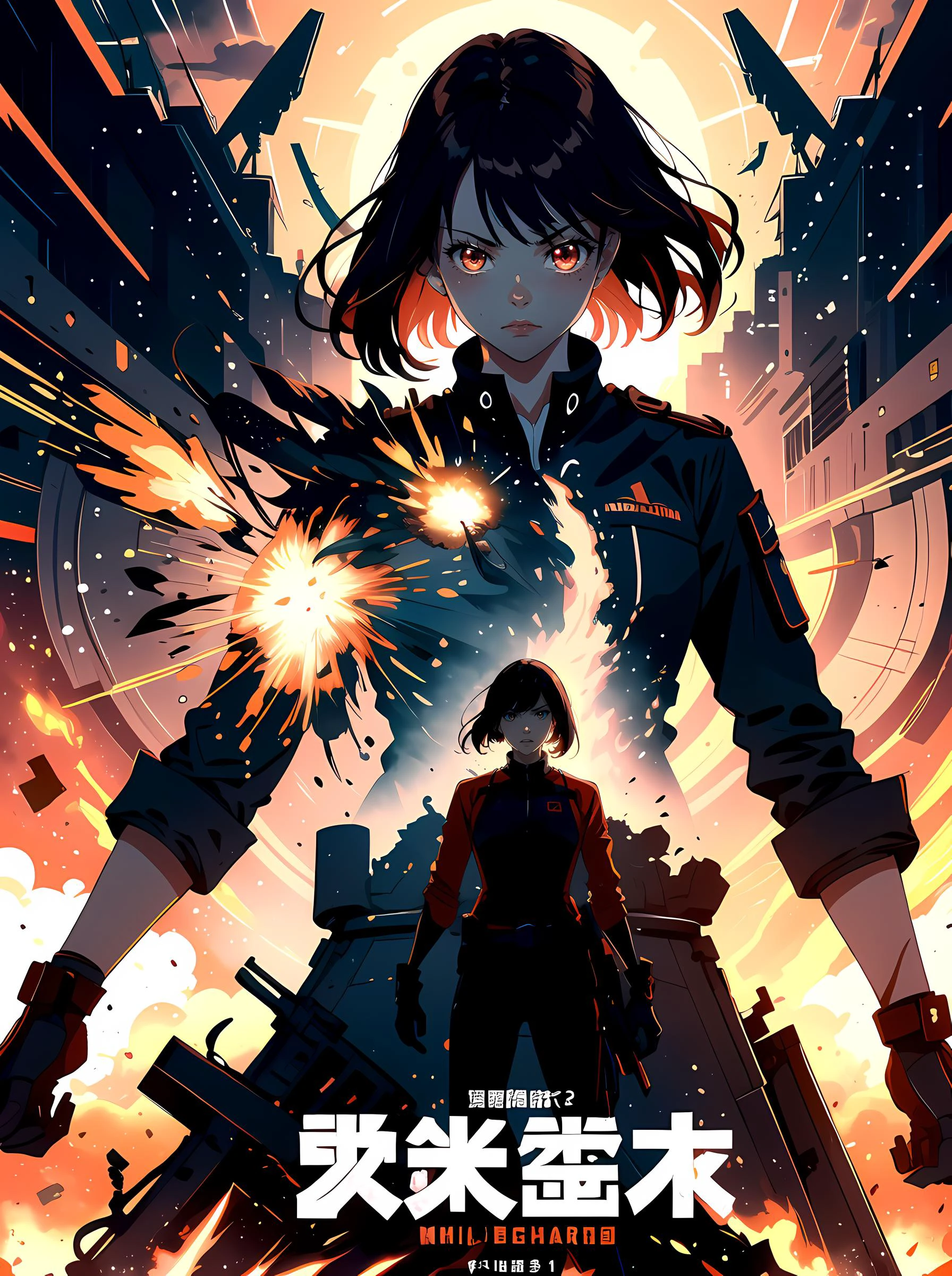 (Best Quality, Masterpiece), A cinematic movie poster for an action film, two women, 21 years old, determined, action-packed, explosions, beams, blasters, cinematic, fade, evil demon in the background overhead