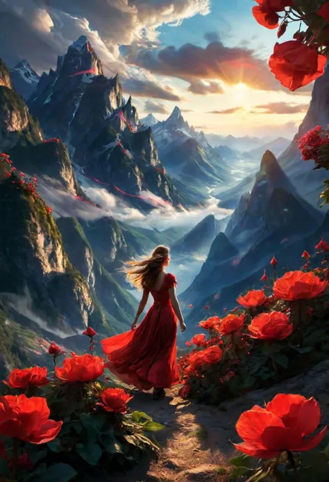 butifl girl, the scarlet flower glows, mountains, magical light,