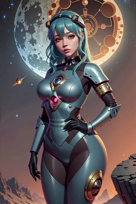 a woman in a futuristic suit standing on a rock with a moon in the background