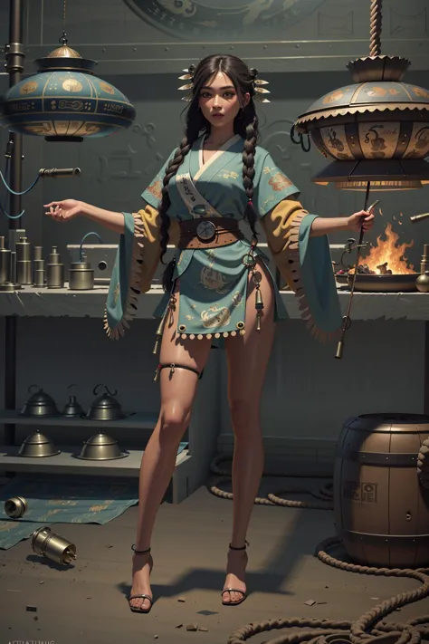 (masterpiece), (best_quality), (ultra-detailed), (illustration), (welcoming), 1girl, (chained shaman:1.3), (in a  robotics laboratory:1.3), (full body:1.4), brown hair, curly hair, long eyelashes, , blue-green eyes, [:outlandish, skimpy costume design:0.2], muscular, wide hips, narrow waist, tall, athletic hourglass figure,skindentation, (yukata:1.2), albino, official art, vivid color, finely detailed, hyper detailed, 8k, high resolution illustration, absurdres, intricate detail<lora:GoodHands-beta2:0><lora:EnvyColdShower_v11:1>