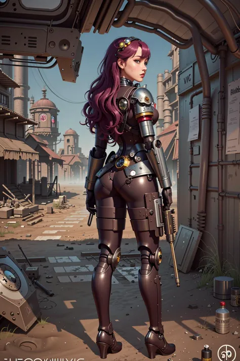 a woman in a futuristic outfit standing in a ruined city